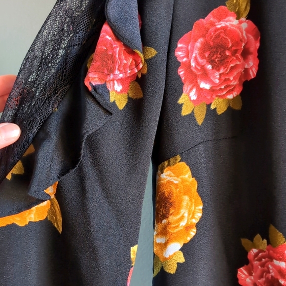 Nicole Miller Studio Women's Black Red Orange Floral Ruffle Long Sleeve Dress - Picture 5 of 16